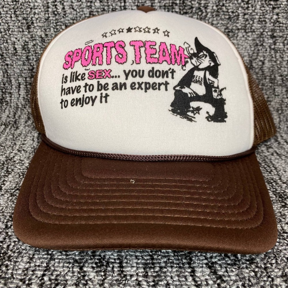 Decky Sports Team Trucker Hat Men OS Brown White Funny Graphic Mesh Snapback Cap